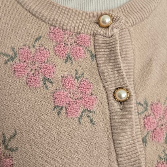 New Cottage Floral Cardigan Puff Sleeve Feminine Pink Pearl Button Women XL - Picture 5 of 12